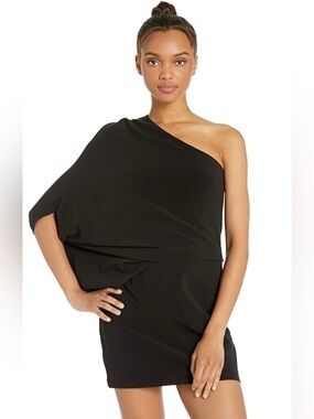 Halston Heritage One Shoulder Asymmetrical Ruched Drape LBD Mini Dress